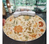 Tappeto Rotondo 180 Cm Lavabile Con Naturalismo Fiori Foglie - Morbido E Confortevole Beige Adatto A Camera Da Letto Soggiorno Sala Da Pranzo O Cameretta Dei Bambini