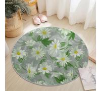 Tappeto Rotondo 180 Cm Lavabile Con Nature Marguerite Fleurs Et Feuilles - Morbido E Confortevole Vert Adatto A Camera Da Letto Soggiorno Sala Da Pranzo O Cameretta Dei Bambini