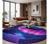 Tappeto Rotondo 180 Cm Lavabile Panorama Della Fantascienza Cibernetica Blu-Viola | Tappeto Camera Da Letto Circolare Pianeti Montagne In 3D, Tappeti Morbido Antiscivolo Per Soggiorno Sala Da Pranzo