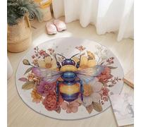 Tappeto Rotondo 60 Cm Lavabile Con Nature Abeilles Fleurs - Extra Morbido Colore Blanc Ideale Per Camera Da Letto Soggiorno Sala Da Pranzo O Cameretta Dei Bambini