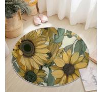Tappeto Rotondo 60 Cm Lavabile Con Nature Tournesol Fleurs Et Feuilles - Extra Morbido Colore Jaune Ideale Per Camera Da Letto Soggiorno Sala Da Pranzo O Cameretta Dei Bambini