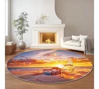 Tappeto Rotondo 60 cm Morbido Lavabile in Lavatrice, Giallo Senza Odore Isolamento Acustico, Paesaggio Tramonto Spiaggia Tema Tappetino Rotondo per il Soggiorno Camera da Letto Ingresso