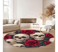 Tappeto Rotondo 60 Cm Resistente E Lavabile Con Retro Teschio Rose Rosse - Morbido E Confortevole Colore Rosso Per Soggiorno Studio O Cameretta Dei Bambini