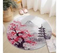 Tappeto Rotondo 60 Cm Resistente E Lavabile Con Style Japonais Mont Fuji Fleurs De Cerisier - Morbido E Confortevole Colore Rose Per Soggiorno Studio O Cameretta Dei Bambini