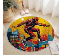 Tappeto Rotondo 60 cm Tappeti Anime Skateboard Edifici Cittadini Graffiti Tema Antiscivolo Lavabile in Lavatrice Tondo Pelo Corto Tapette Salotto Camera da Letto Scendiletto Ufficio, Giallo Blu
