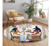 Tappeto Rotondo 60 cm Tappeti Simboli Tradizioni Personaggi Dell'Antico Egitto Tema Antiscivolo Lavabile in Lavatrice Tondo Pelo Corto Tapette Salotto Camera da Letto Scendiletto Ufficio, Oro Blu