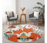 Tappeto Rotondo 80 cm, Cartone animato Fiori Volpe Carino stampato, Lavabile Antiscivolo, Colorato Pelo Corto Extra Morbido e Fluffy Design per Soggiorno, Camera da Letto, Cucina e Cameretta