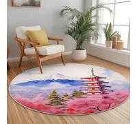 Tappeto Rotondo 90 Cm Lavabile Con Stile Giapponese Monte Fuji Pagoda - Extra Morbido Colore Rosa Ideale Per Camera Da Letto Soggiorno Sala Da Pranzo O Cameretta Dei Bambini