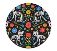 Tappeto rotondo alla moda da donna, tappeto circolare con motivo a teschio di zucchero, gatto nero e rosa del Giorno dei Morti, tappeto decorativo per divano, camera da letto e casa.