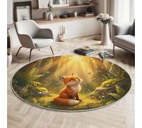 Tappeto Rotondo Animali Della Foresta per Soggiorno, Lavabile in Lavatrice, Antiscivolo Pelo Corto Non Perde Pelo | Tappeti Luce Ombra Piccola Volpe per Camera da Letto, 80cm, Arancione-Verde