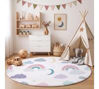 Tappeto Rotondo Bambini Stile Da Ragazza Sognatrice Tappeto a Pelo Corto Arcobaleno, Nuvole E Luna Antiscivolo, Lavabile In Lavatrice per Salotto, Cameretta dei Bambini, Dimensione: 80cm, Blu-Grigio