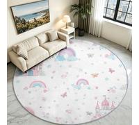 Tappeto rotondo bianco arcobaleno castello 150 cm farfalla lavabile tappeto | Tappetino rotondo magico da favola, morbido e antiscivolo, con base a pelo basso, grazioso tappeto per la cameretta dei