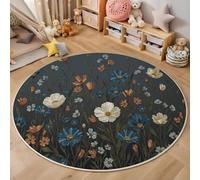 Tappeto Rotondo Blu 160cm, Lavabile in Lavatrice Moderno Pelo Corto Illustrazione Onirica Tappeto, Antiscivolo Cespugli Fioriti Fiori Selvatici Tappeti per Camera Soggiorno Scendiletto Cucina
