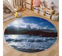 Tappeto Rotondo Blu Vista Mare Con Luna Piena Grande Pelo Corto,3D Scenario Naturale Stampa Antiscivolo Tondo Moquette,Soggiorno Bambini Camera,Cucina,Bagno,Domestica Decor Tappeti,120Cm