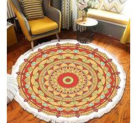 Tappeto rotondo bohémien con nappe, moderno in cotone intrecciato a cerchio, geometrico decorativo, minimalista, per soggiorno, camera da letto, divano, yoga, meditazione (#6,90 x 90 cm)