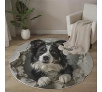 Tappeto Rotondo Border Collie, 160cm Tappetini a Pelo Corto Foro Nel Muro 3D Antiscivolo e Morbido Carpet Lavabile in Lavatrice per Bambini Cameretta Camera da Letto Tavolino, Grigio