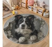 Tappeto Rotondo Border Collie, 160cm Tappetini a Pelo Corto Foro Nel Muro 3D Antiscivolo e Morbido Carpet Lavabile in Lavatrice per Bambini Cameretta Camera da Letto Tavolino, Grigio