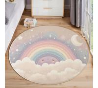 Tappeto Rotondo Cartone Animato Arcobaleno Nuvole, 100 Cm, Beige Per Soggiorno, Tappeti Con Retro Antiscivolo Lavabile, Morbido Tappeto Stampato Cielo Stellato Sogno Per Interno Camera Dei Bambini