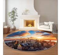 Tappeto Rotondo Colore Arancione Antiscivolo Pelo Corto Tappeto Rotondo Tramonto A New York Architettura Urbana Stampa per Camera da Letto Soggiorno Corridoio Decorare, Lavabile Morbido Tappeti 180 cm