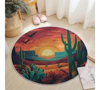 Tappeto rotondo con motivo Cartone animato Deserto Tramonto Uccello, lavabile in lavatrice stampa Rosso arancione, antiscivolo morbido per soggiorno, divano camera dei bambini decorazione 160 cm