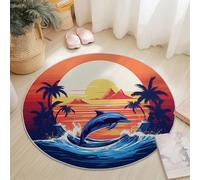 Tappeto rotondo con motivo Delfín Dibujos Animados Al Atardecer Con Palmera, lavabile in lavatrice stampa Rojo Anaranjado, antiscivolo morbido per divano camera dei bambini decorazione 120 cm