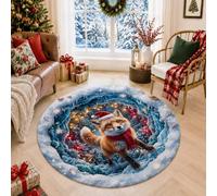 Tappeto rotondo con volpi natalizie, 1,5 m | Cappello di Babbo Natale, tappeto circolare, sciarpa rossa, foresta innevata, fantasioso, decorazione invernale per la casa