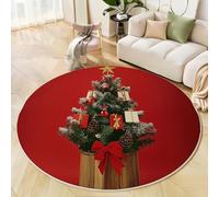 Tappeto Rotondo Da 100 Cm, Albero Natale Con Pigne, Decorazioni Natalizie, Antiscivolo, Morbido, Lavabile In Lavatrice, Per Soggiorno, Camera Da Letto, Cameretta Dei Bambini, Couloir Rosso