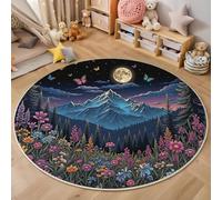 Tappeto Rotondo Da 100Cm, Scena Al Chiaro Di Luna Su Una Montagna Tappeto Per Soggiorno,Blu Scuro, Montagne Fiori Selvatici Farfalle, Lavabile, Tapette Circolare Per Soggiorno, Camera Da Letto
