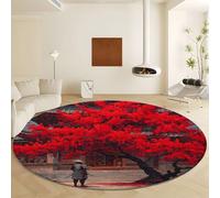 Tappeto Rotondo da 160 cm Tappeto Samurai Fiori Di Ciliegio Pagoda, Antiscivolo Morbido lavabile in lavatrice Tappetini Rotondo Stile Orientale per soggiorno camera da letto cameretta dei bambini