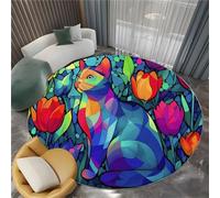 Tappeto Rotondo Di Flanella Stampato Colore Cubismo Geometrico Gatto Fiori Tappeti Rotondo Morbido Soggiorno Camera, Per Bambini Camera Da Letto Tappeto Antiscivolo 80 cm
