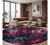 Tappeto Rotondo Dipinto Ad Olio Di Peonia In Stile Retrò 180 Cm, Lavabile, Antiscivolo | Grande Tappeto Morbido A Pelo Corto Piante Oscure Gotiche Bordeaux Per Soggiorno, Camera Da Letto E Cameretta