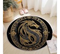 Tappeto Rotondo Europa Settentrionale Stile 90cm, Morbido Antiscivolo Lavabile Salotto Passatoia Fantasy Vichinghi Draghi Tappeto Stampato per Bambini Cameretta Cucina Casa Zona Balcone Gold