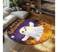 Tappeto rotondo fantasma halloween simpatico fantasma che brucia foresta viola giallo cartone animato tappeti lavabili morbido a pelo corto per cucina soggiorno 120cm