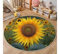 Tappeto Rotondo Giallo-Verde Mare Di Girasole Grande Pelo Corto,3D Piante Affascinanti Stampa Antiscivolo Tondo Moquette,Soggiorno Bambini Camera,Cucina,Bagno,Domestica Decor Tappeti,100Cm