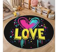 Tappeto Rotondo Grande Parole D'Amore 3D Design,Arte Psichedelica Stampa Grandi Antiscivolo Tondo Moquette,Soggiorno Bambini Camera,Cucina,Bagno,Domestica Decor,100Cm Giallo Blu