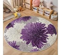 Tappeto Rotondo Grigio Viola Crisantemo Lineare Grande Pelo Corto,3D Piante Naturali Stampa Antiscivolo Tondo Moquette,Soggiorno Bambini Camera,Cucina,Bagno,Domestica Decor Tappeti,200Cm