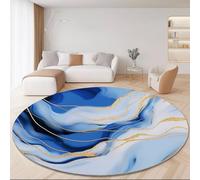 Tappeto Rotondo in Flanella Morbida 140 cm- Blu Bianco Antiscivolo Pelo Corto Fantasia Astratto Acquerello Motivo a Pietra Dalí Linee Stampa Tappeto per Soggiorno Camera da Letto Cucina e Cameretta