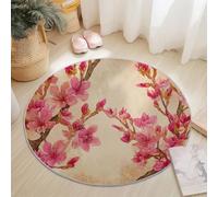 Tappeto Rotondo in Flanella Morbida a Pelo Corto Marrón Beige - Lavabile in Lavatrice Pintura China En Tinta Desgastada Flores Cerezo Stampa Decorativa per Camera da Letto Cameretta Tappeto, 60 cm