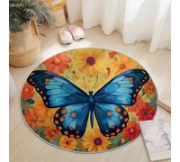 Tappeto Rotondo in Flanella Morbida Pelo Corto Amarillo Anaranjado - Lavabile in Lavatrice Dibujos Animados Insectos Mariposas Y Flores Stampa Decorativa per Camera da Letto Cameretta Tappeto, 120 cm