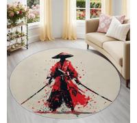 Tappeto rotondo, lavabile, con personaggi anime, 60 cm, rosso, nero, antiscivolo, per camera da letto, stile minimalista, stile Samurai, moderno, a pelo corto, per sala giochi