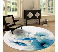 Tappeto Rotondo Lavabile in Lavatrice 220 cm Stile Acquerello, Pelo Corto Antipelo Antiscivolo - Tappeto Stampato Orientale Pesce Fiori per Soggiorno Camera da Letto Cucina Corridoio e Ufficio