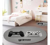 Tappeto rotondo lavabile in lavatrice Motivo Del Controller Di Gioco, Stile Minimalista Moderno Tappetino antiscivolo assorbente per camera da letto, soggiorno, cameretta bambini, 150 cm, Grigio