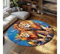 Tappeto rotondo lavabile per aule scolastiche - Tappeti colorati con stampa di leoni per soggiorno/camera da letto Stuoia a cerchio antiscivolo a pelo corto in graffiti retrò Carpet morbido 135cm
