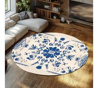 Tappeto rotondo lavabile ultra morbido tappeto vintage rustico arte popolare floreale Tappeti blu marino Tappeto circolare antiscivolo a pelo corto per soggiorno sala pranzo 160cm