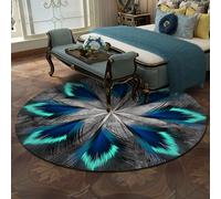 Tappeto rotondo moderno, 200 cm, turchese, nero, grigio, blu, verde, motivo piume, decorazione per la casa per soggiorno, ufficio, sala da pranzo, camera da letto, rivestimento per pavimento