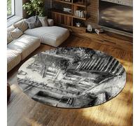 tappeto rotondo morbido antiscivolo lavabile all'angolo della strada tappeti paesaggi urbani soggiorno camera da letto pavimento dell'appartamento accogliente pelo basso in bianco e nero 200x200cm