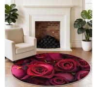 Tappeto rotondo morbido ed elegante con rose floreali rosse, lavabile, non perde pelo, romantico, classico, 150 cm, per cucina, comodino, tappetino antiscivolo per camera da letto
