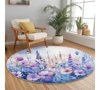 Tappeto Rotondo Multiuso in Flanella Morbida 160 cm, Motivo Illustrazione di un fiore di prato magico Moderno, Antiscivolo e Lavabile in Lavatrice Per Camera dei Bambini Soggiorno, Lavanda Azzurro