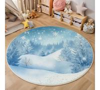 Tappeto Rotondo Paese Meraviglie Invernale 140cm Tappeti Morbido Tappeto a Pelo Corto Colline Foresta Abeti Antiscivolo Lavabile per Salotto Cameretta Tavolino da Letto Scendiletto, Azzurro Chiaro