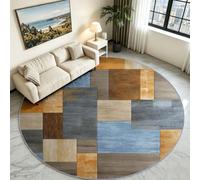 Tappeto rotondo patchwork geometrico marrone 160 cm tappeto corridoio | Tappeto moderno con motivo quadrato, tappetino antiscivolo per ingresso, tavolo da pranzo e traffico a piedi alti